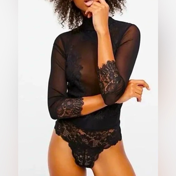 We Are Hah Tops - We Are HAH Take HAH Bow Black Lace Reversible Bodysuit